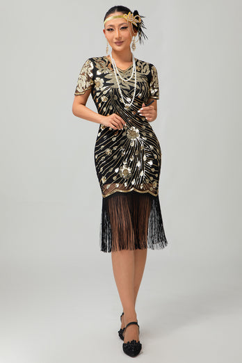 Glitzerndes Schwarzes Rotes Fransen Bodycon Kurzes 1920er Kleid mit Ärmeln