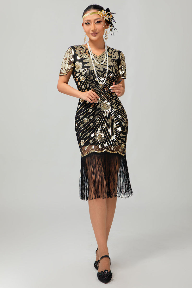 Laden Sie das Bild in den Galerie-Viewer, Glitzerndes Schwarzes Goldenes Pailletten Fransen Flapperkleid mit Ärmeln