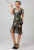 Laden Sie das Bild in den Galerie-Viewer, Glitzerndes Schwarzes Goldenes Pailletten Fransen Flapperkleid mit Ärmeln