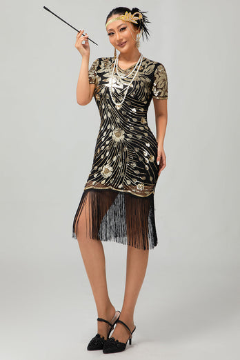 Glitzerndes Schwarzes Goldenes Pailletten Fransen Flapperkleid mit Ärmeln