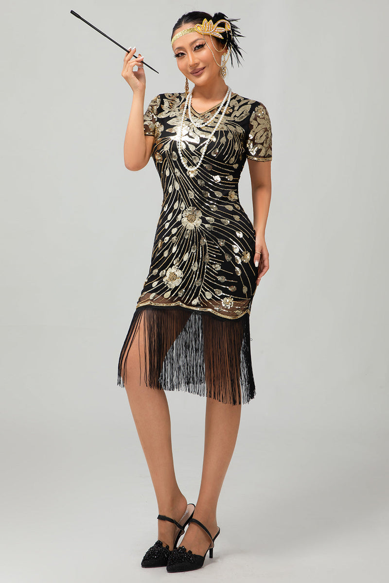 Laden Sie das Bild in den Galerie-Viewer, Glitzerndes Schwarzes Goldenes Pailletten Fransen Flapperkleid mit Ärmeln
