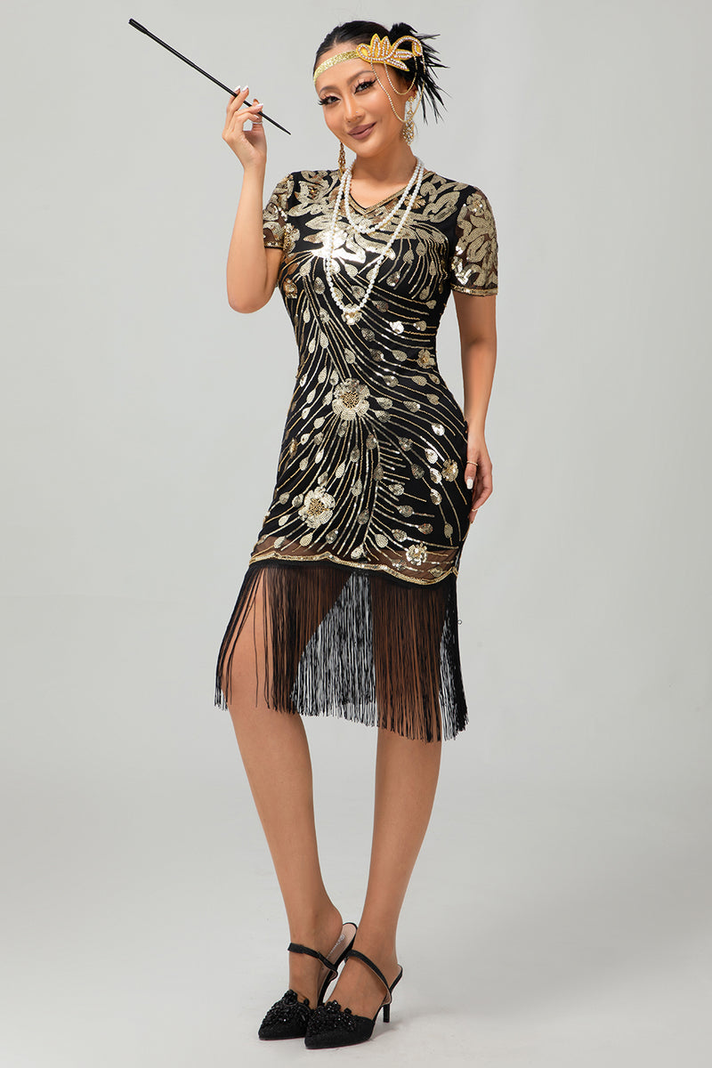 Laden Sie das Bild in den Galerie-Viewer, Glitzerndes Schwarzes Pailletten Flapperkleid mit Kurzen Ärmeln und Fransen