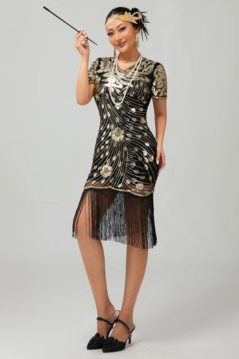 Glitzerndes Schwarzes Rotes Fransen Bodycon Kurzes 1920er Kleid mit Ärmeln