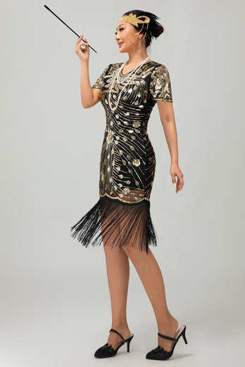 Glitzerndes Schwarzes Pailletten Flapperkleid mit Kurzen Ärmeln und Fransen