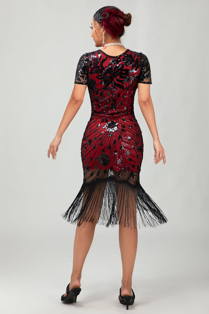 Laden Sie das Bild in den Galerie-Viewer, Glitzerndes Schwarzes Pailletten Flapperkleid mit Kurzen Ärmeln und Fransen