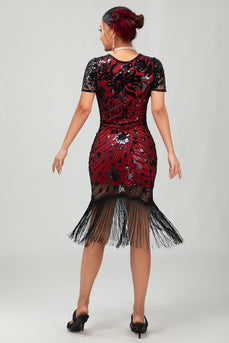 Glitzerndes Schwarzes Rotes Fransen Bodycon Kurzes 1920er Kleid mit Ärmeln