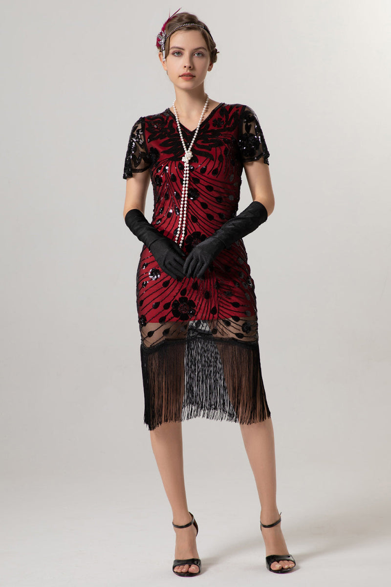 Laden Sie das Bild in den Galerie-Viewer, Glitzernd Schwarz Pailletten Bodycon Kurzarm 20er Jahre Kleid mit Fransen