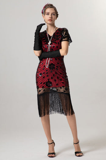 Glitzernd Schwarz Pailletten Bodycon Kurzarm 20er Jahre Kleid mit Fransen