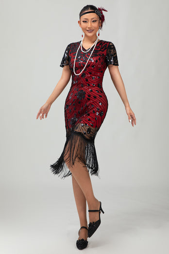 Glitzerndes Schwarzes Pailletten Flapperkleid mit Kurzen Ärmeln und Fransen