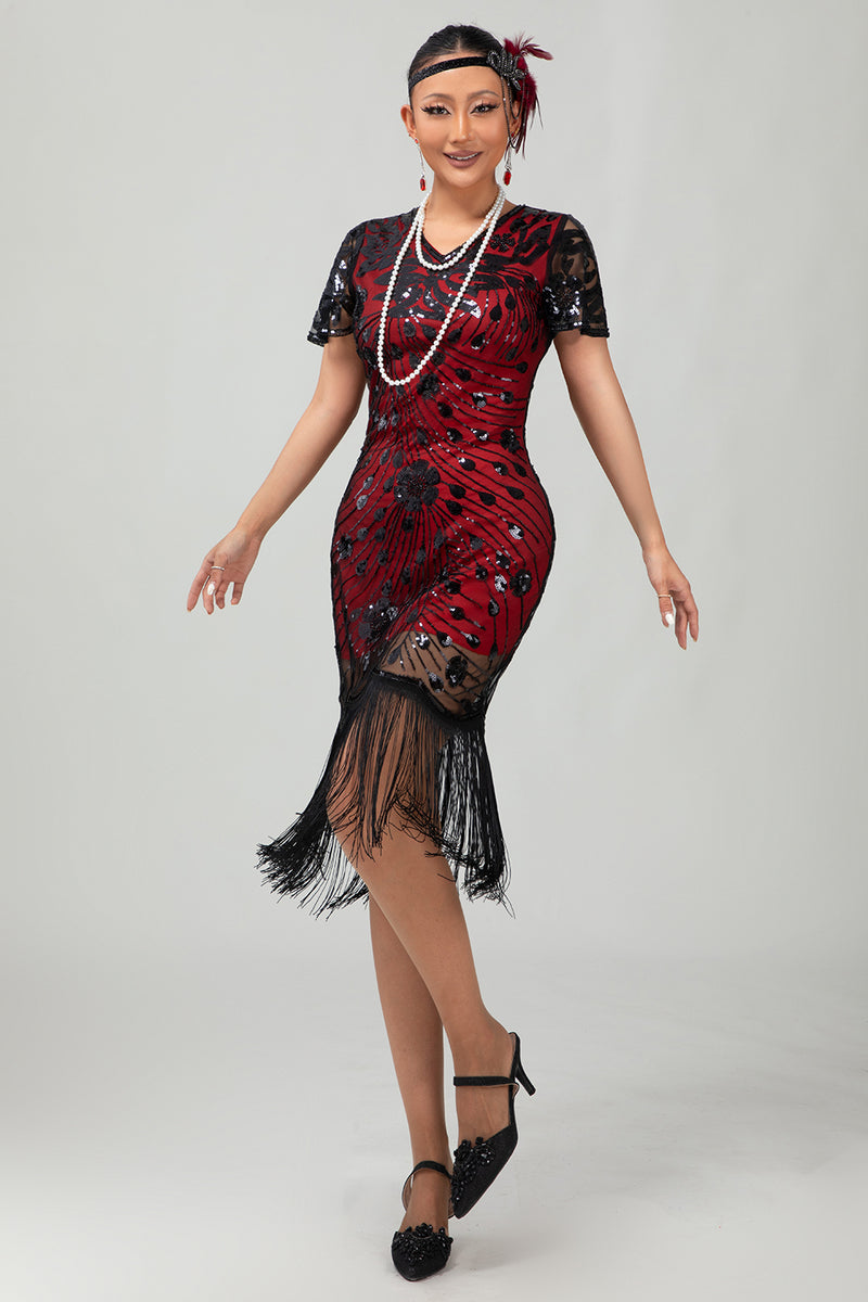 Laden Sie das Bild in den Galerie-Viewer, Glitzerndes Schwarzes Pailletten Flapperkleid mit Kurzen Ärmeln und Fransen