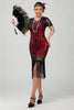 Laden Sie das Bild in den Galerie-Viewer, Glitzerndes Schwarzes Rotes Fransen Bodycon Kurzes 1920er Kleid mit Ärmeln