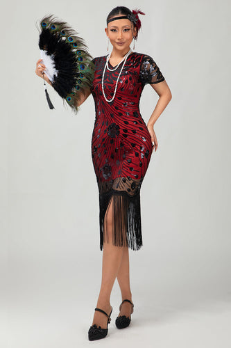 Glitzerndes Schwarzes Rotes Fransen Bodycon Kurzes 1920er Kleid mit Ärmeln