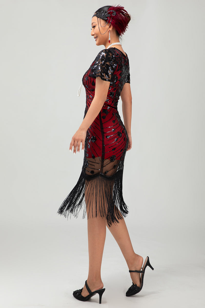 Laden Sie das Bild in den Galerie-Viewer, Glitzerndes Schwarzes Pailletten Flapperkleid mit Kurzen Ärmeln und Fransen