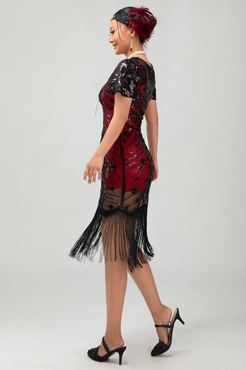 Glitzerndes Schwarzes Rotes Fransen Bodycon Kurzes 1920er Kleid mit Ärmeln