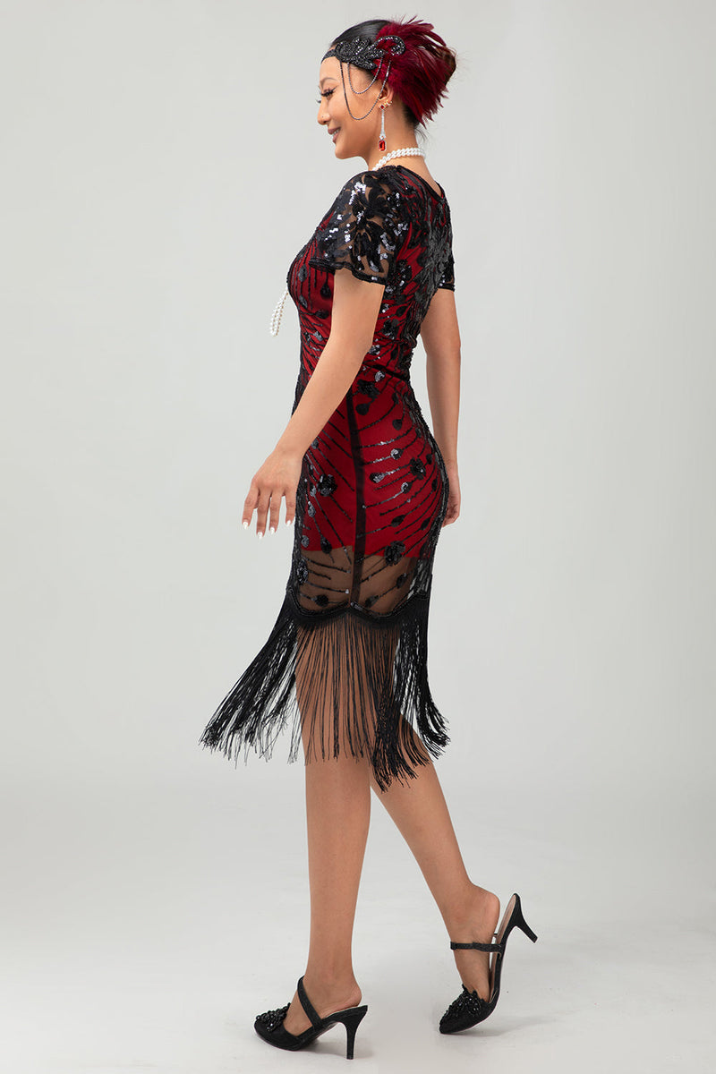 Laden Sie das Bild in den Galerie-Viewer, Glitzerndes Schwarzes Rotes Fransen Bodycon Kurzes 1920er Kleid mit Ärmeln