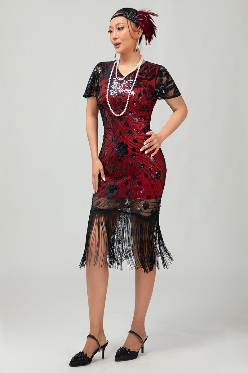 Laden Sie das Bild in den Galerie-Viewer, Glitzerndes Schwarzes Pailletten Flapperkleid mit Kurzen Ärmeln und Fransen