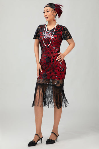 Glitzerndes Schwarzes Rotes Fransen Bodycon Kurzes 1920er Kleid mit Ärmeln
