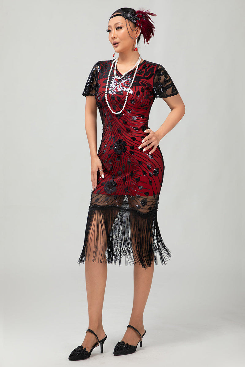 Laden Sie das Bild in den Galerie-Viewer, Glitzerndes Schwarzes Rotes Fransen Bodycon Kurzes 1920er Kleid mit Ärmeln