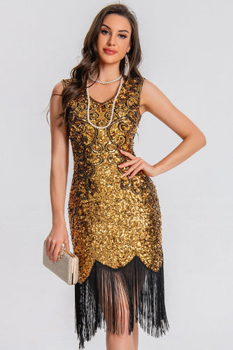 Glitzernd Schwarz Gold Bodycon Pailletten Kurz 20er Jahre Kleid mit Fransen