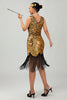 Laden Sie das Bild in den Galerie-Viewer, Glitzerndes Schwarzes Goldenes Pailletten Enges Kurzes 1920er Kleid Mit Fransen