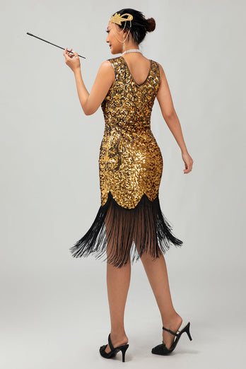 Glitzerndes Schwarzes Goldenes Pailletten Enges Kurzes 1920er Kleid Mit Fransen