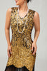 Laden Sie das Bild in den Galerie-Viewer, Glitzerndes Schwarzes Goldenes Pailletten Enges Kurzes 1920er Kleid Mit Fransen