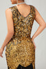 Laden Sie das Bild in den Galerie-Viewer, Glitzerndes Schwarzes Goldenes Pailletten Enges Kurzes 1920er Kleid Mit Fransen