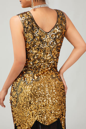 Glitzerndes Schwarzes Goldenes Pailletten Enges Kurzes 1920er Kleid Mit Fransen