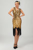 Laden Sie das Bild in den Galerie-Viewer, Glitzerndes Schwarzes Goldenes Pailletten Enges Kurzes 1920er Kleid Mit Fransen