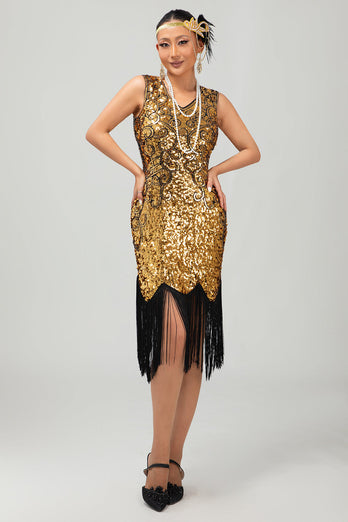 Glitzerndes Schwarzes Goldenes Pailletten Enges Kurzes 1920er Kleid Mit Fransen