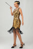 Laden Sie das Bild in den Galerie-Viewer, Glitzerndes Schwarzes Goldenes Pailletten Enges Kurzes 1920er Kleid Mit Fransen