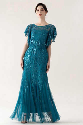 Glitzernd Blau Tüll Etuikleid Lang 20er Jahre Kleid mit Pailletten