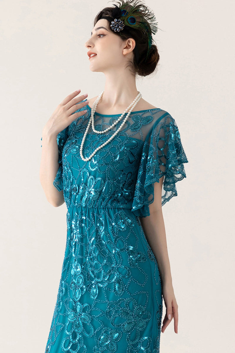 Laden Sie das Bild in den Galerie-Viewer, Glitzernd Blau Tüll Etuikleid Lang 20er Jahre Kleid mit Pailletten