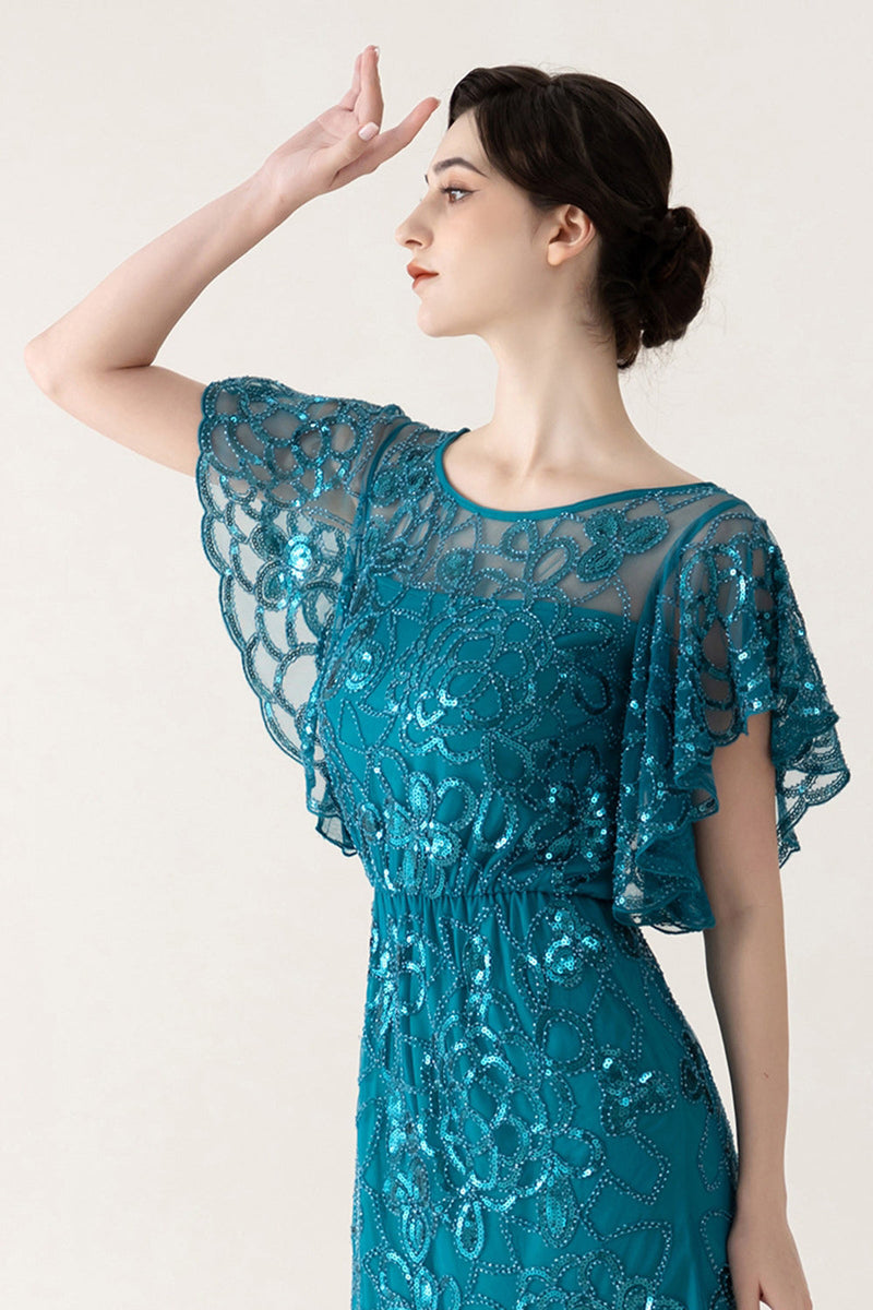 Laden Sie das Bild in den Galerie-Viewer, Glitzernd Blau Tüll Etuikleid Lang 20er Jahre Kleid mit Pailletten