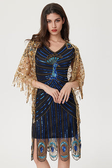 Glitzernd Schwarz Blau Bodycon Perlen Kurz 20er Jahre Kleid mit Pailletten
