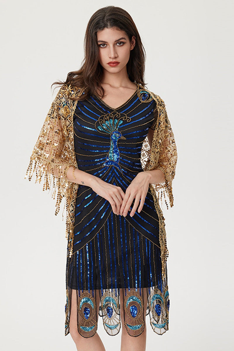 Laden Sie das Bild in den Galerie-Viewer, Glitzernd Schwarz Blau Bodycon Perlen Kurz 20er Jahre Kleid mit Pailletten