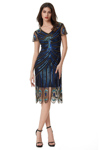 Glitzernd Schwarz Blau Bodycon Perlen Kurz 20er Jahre Kleid mit Pailletten