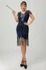 Laden Sie das Bild in den Galerie-Viewer, Glitzerndes Schwarzes Blaues Pailletten Bodycon Kurzes 1920er Kleid Mit Ärmeln