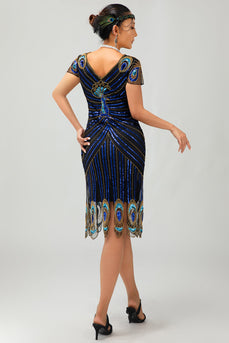 Glitzerndes Schwarzes Blaues Pailletten Bodycon Kurzes 1920er Kleid Mit Ärmeln