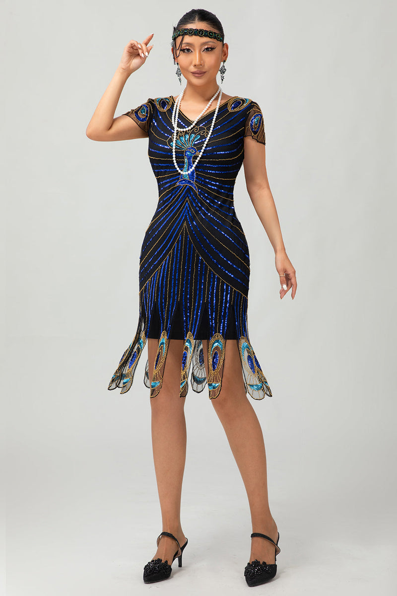 Laden Sie das Bild in den Galerie-Viewer, Glitzerndes Schwarzes Blaues Pailletten Bodycon Kurzes 1920er Kleid Mit Ärmeln