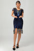 Laden Sie das Bild in den Galerie-Viewer, Glitzerndes Schwarzes Blaues Pailletten Bodycon Kurzes 1920er Kleid Mit Ärmeln