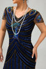 Laden Sie das Bild in den Galerie-Viewer, Glitzerndes Schwarzes Blaues Pailletten Bodycon Kurzes 1920er Kleid Mit Ärmeln