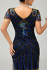 Laden Sie das Bild in den Galerie-Viewer, Glitzerndes Schwarzes Blaues Pailletten Bodycon Kurzes 1920er Kleid Mit Ärmeln