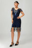 Laden Sie das Bild in den Galerie-Viewer, Glitzerndes Schwarzes Blaues Pailletten Bodycon Kurzes 1920er Kleid Mit Ärmeln