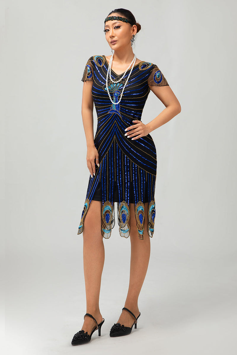 Laden Sie das Bild in den Galerie-Viewer, Glitzerndes Schwarzes Blaues Pailletten Bodycon Kurzes 1920er Kleid Mit Ärmeln