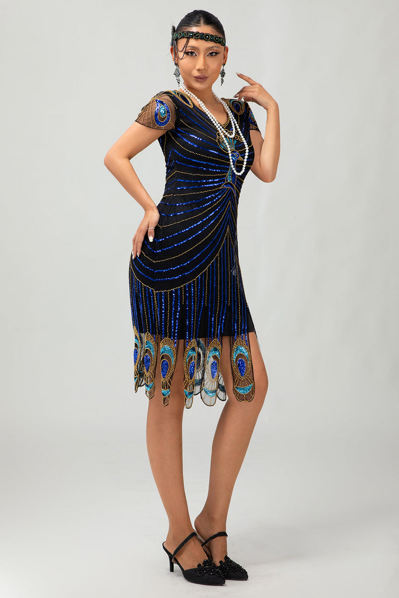 Laden Sie das Bild in den Galerie-Viewer, Glitzerndes Schwarzes Blaues Pailletten Bodycon Kurzes 1920er Kleid Mit Ärmeln