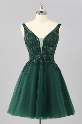 Glitzer Dunkelgrün A Linie Kurze Ball Kleid mit Perlen