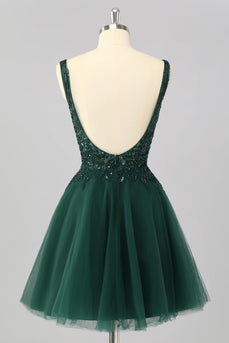 Glitzer Dunkelgrün A Linie Kurze Ball Kleid mit Perlen