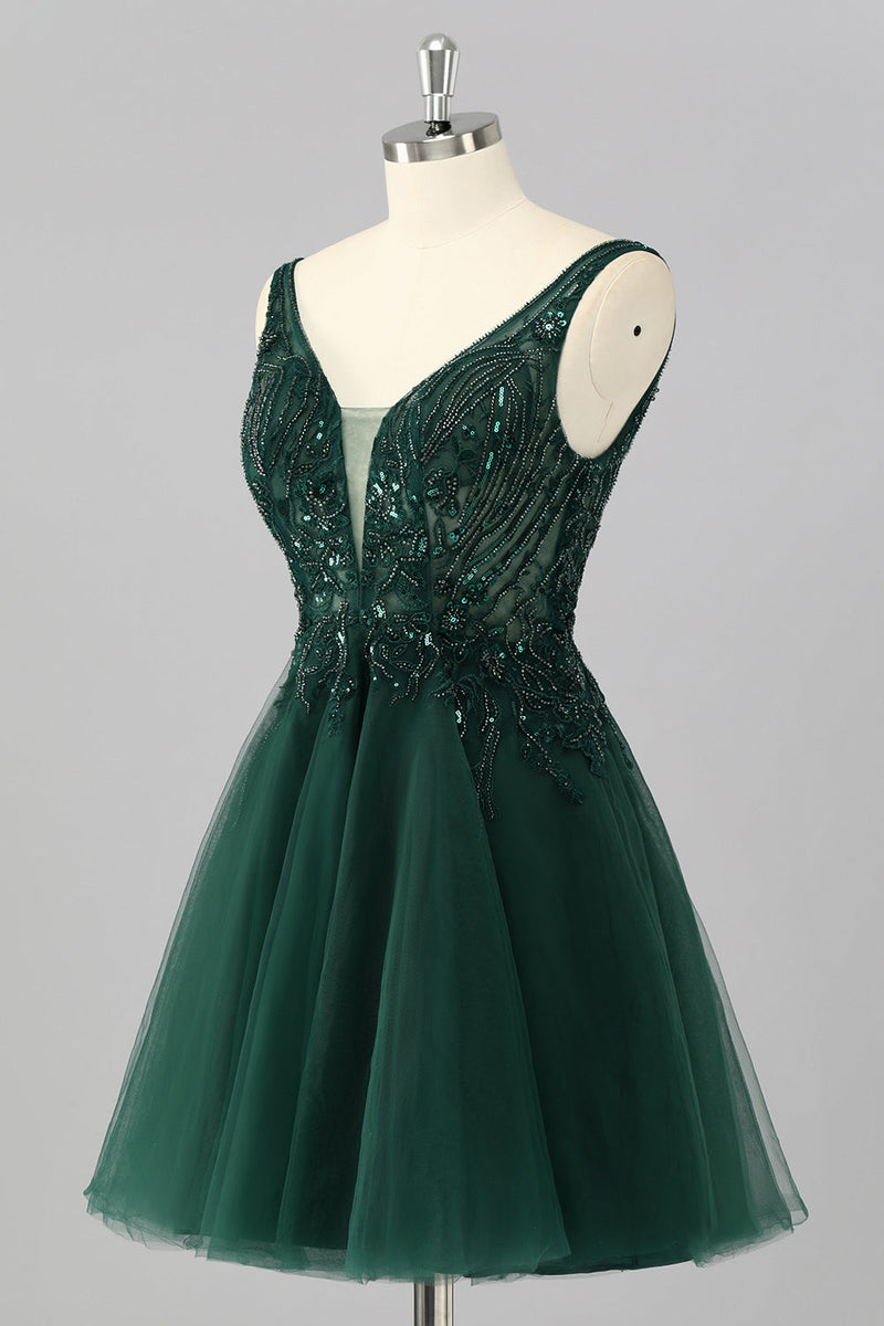 Laden Sie das Bild in den Galerie-Viewer, Glitzer Dunkelgrün A Linie Kurze Ball Kleid mit Perlen