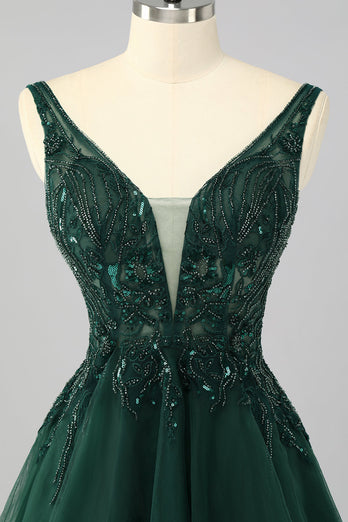 Glitzer Dunkelgrün A Linie Kurze Ball Kleid mit Perlen